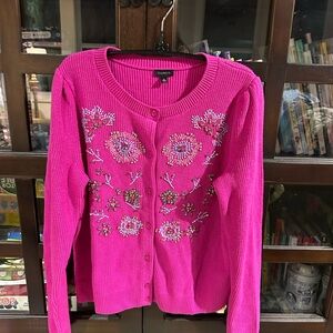 Talbots Vibrant Pink Beaded Floral Cardigan